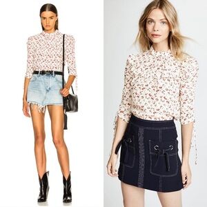 VERONICA BEARD Silk Floral Print Ruched‎ Puff Sleeves Tie Mockneck Ruffle Top 0